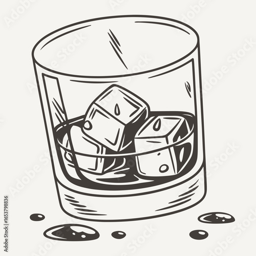 Illustration of a glass of whiskey with ice cubes, a refreshing and classic alcoholic beverage, isolated on white background