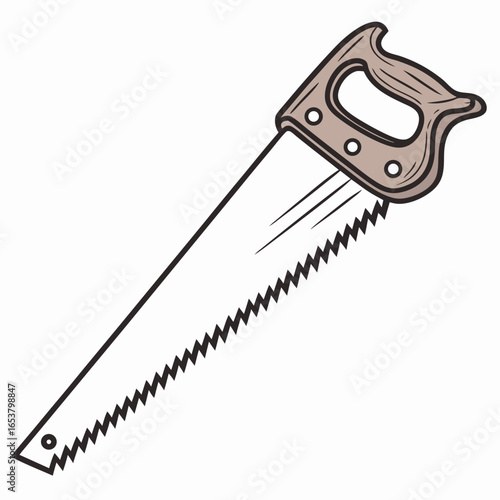 Illustration of a hand saw, a tool used for cutting wood, featuring a blade with sharp teeth and a handle, isolated on white background