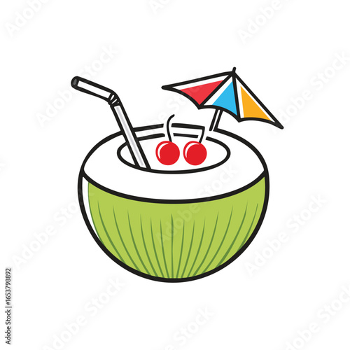 A refreshing tropical cocktail served in a halved coconut shell, garnished with cherries and a colorful umbrella.