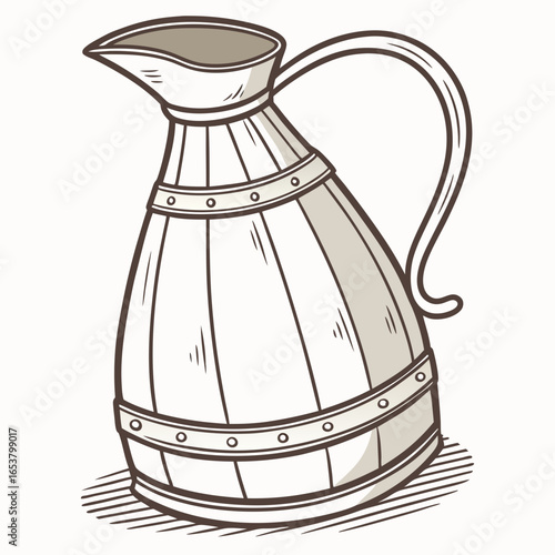 Rustic wooden pitcher with metal bands, a vintage farm style container for liquid, isolated on white background
