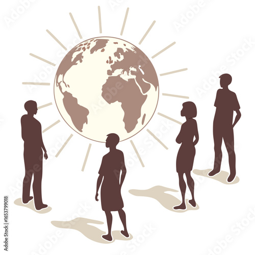 Silhouetted people stand around a glowing globe, symbolizing global community, connection, and collaboration isolated on white background