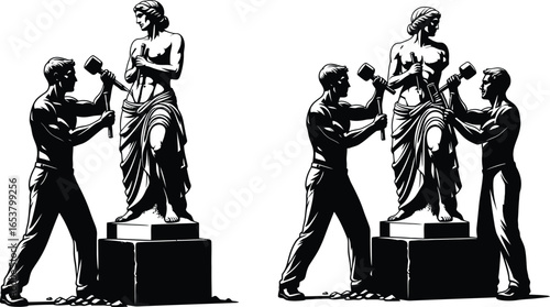 Sculptors creating elegant statue with hammer and chisel art