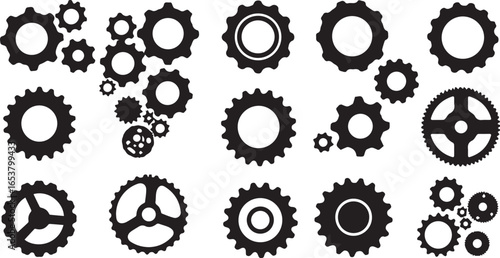Collection of Black Silhouette Gears and Cogwheels on White Background mechanical machinery