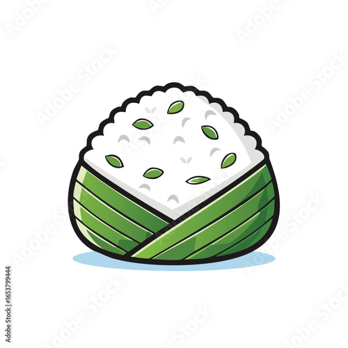 A detailed illustration of a delicious Japanese onigiri rice ball wrapped in a green leaf.