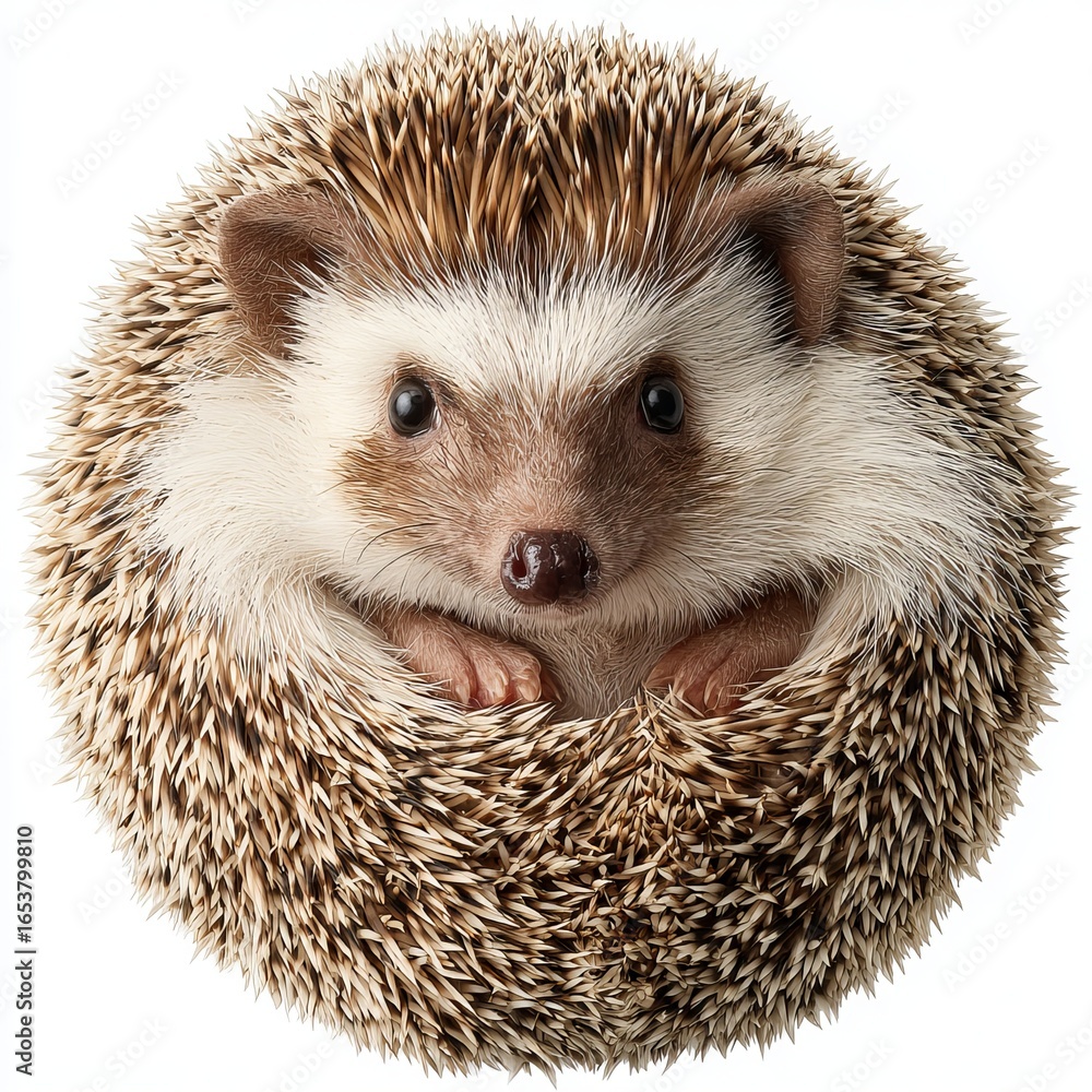 Obraz premium A cute hedgehog curled up in a ball displaying its spiky exterior and face foraging.