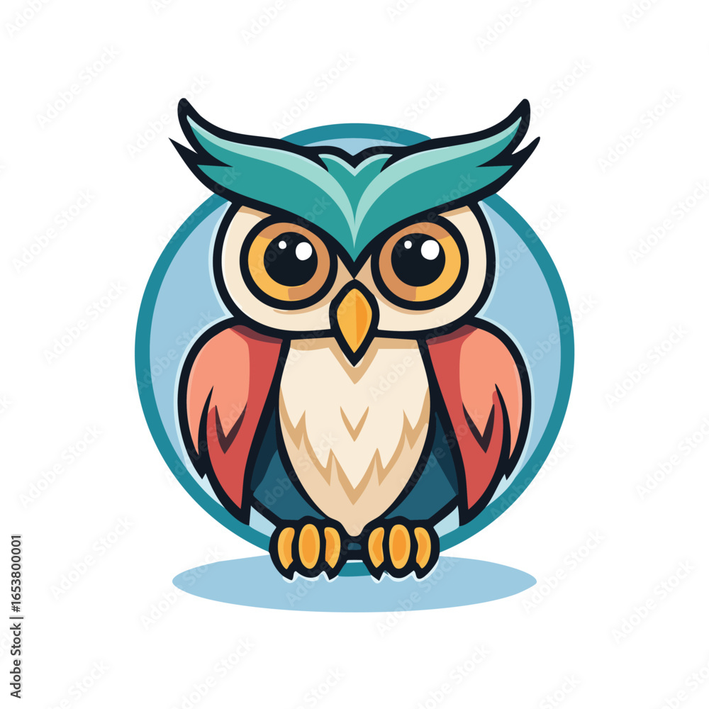 Fototapeta premium A colorful cartoon owl with big eyes and a blue circle background.