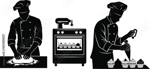 Bakers preparing cupcakes in a bakery with oven and mixer