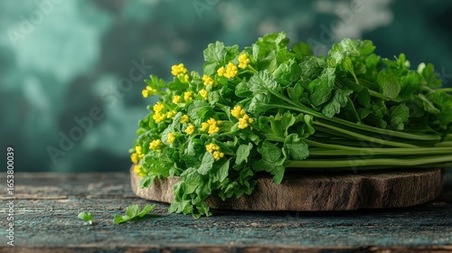 Fresh bunch of vibrant green herbs with tiny yellow flowers rests on a rustic wooden board against a teal background
