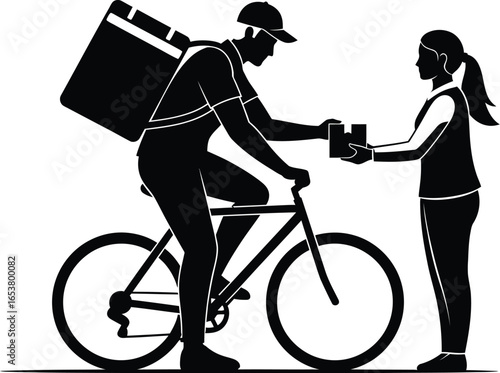 Food delivery cyclist giving package to customer at doorstep