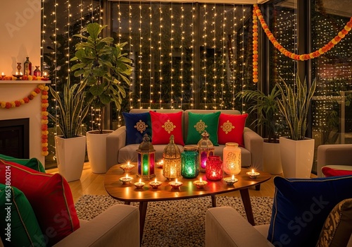 Photo of diwali home decor with lights, candles, and marigold garlands creating a warm and festive atmosphere for the indian holiday celebration