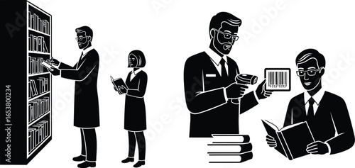 People reading books in library or scanning barcodes, vector