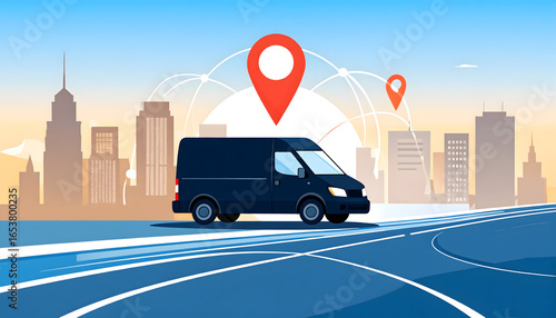 Black Delivery Van Driving On Road With Location Markers Against Cityscape In Blue And Orange Hues