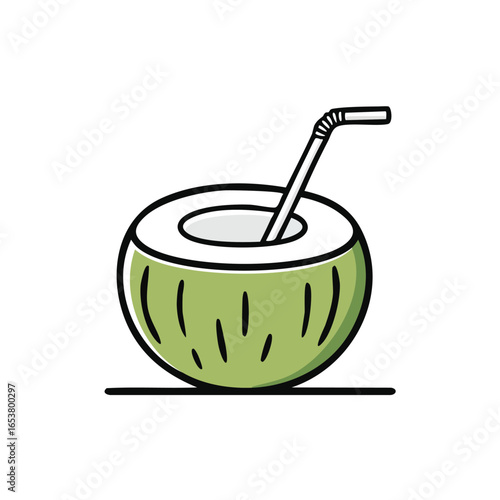 A refreshing green coconut drink with a straw, perfect for a hot summer day.