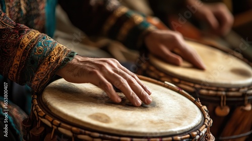 Hands playing traditional djembe drums in a cultural performance