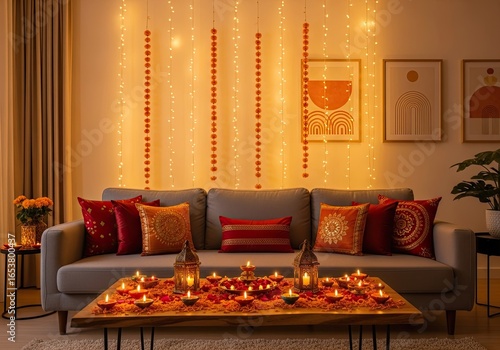 Photo of cozy diwali home setting with candles, flowers, and string lights creating a warm and festive atmosphere for celebrating the festival of lights
