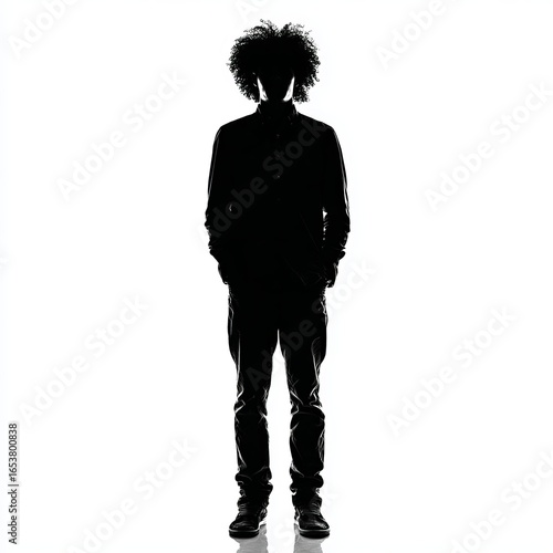 A silhouette of a person with curly hair standing sideways with arms crossed against a white background.