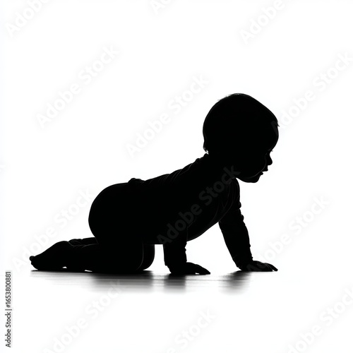 Silhouette of a crawling baby on a white background, perfect for family or parenting website imagery.