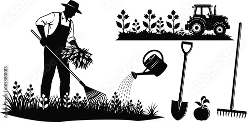 Gardener tending plants with tools, perfect for farm, garden, and lifestyle use