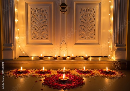 Photo of a warmly lit entrance adorned with diyas and rangoli, creating a serene and inviting ambiance for diwali celebrations at a beautifully decorated home