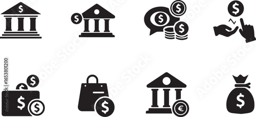 Collection of eight black finance and banking icons on a white background money dollar
