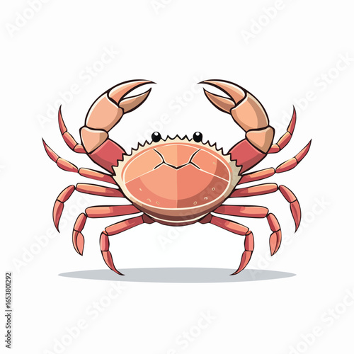 Cartoon illustration of a crab with orange and pink colors, claws raised, and a smiling face.