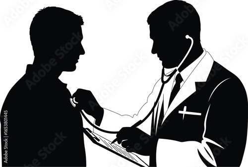 Doctor examining patient with stethoscope in silhouette, health check