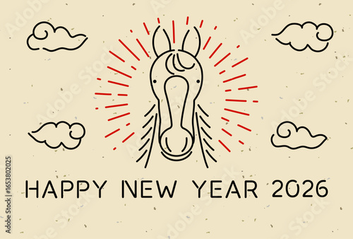 ミニマルな馬のイラストを使った年賀状テンプレート　午年用