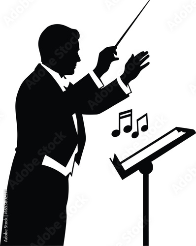 Orchestra conductor leading musical performance with elegant silhouette