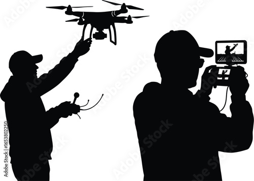 Drone operator capturing aerial footage with camera and controller setup