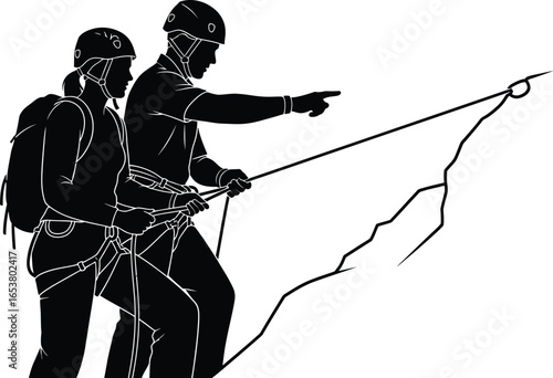 Adventurous climbers preparing to ascend a mountain with safety ropes
