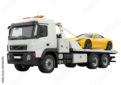 A Yellow Sports Car Being Towed by a Heavy-Duty Tow Truck isolated on transparent background
