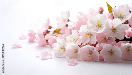 Close Up Of Delicate Cherry Blossom Flowers With Soft Pink Petals On White Background