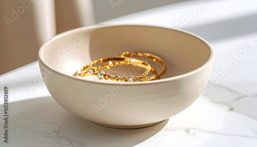 Gold Bracelets Resting In Beige Bowl On White Marble Table Top Under Soft Sunlight