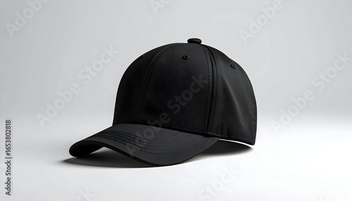 Black Baseball Cap Isolated on White Background with Detailed Stitching and Textured Surface