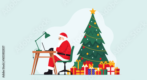 Santa claus working on a laptop beside a decorated christmas tree surrounded by gifts and presents