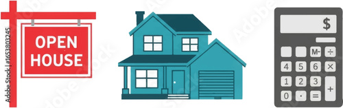 Illustration of an open house sign next to a house and a calculator with a dollar sign on it