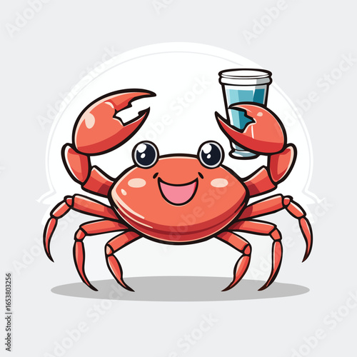 A cheerful cartoon crab holding a glass of water, smiling and happy.