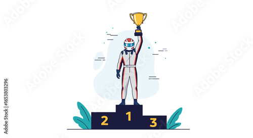 Celebrating the victorious racer standing proudly on the podium holding the championship trophy after a fierce competition
