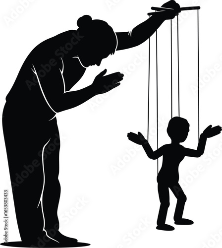 Silhouette of a puppeteer controlling a puppet with strings in a concept