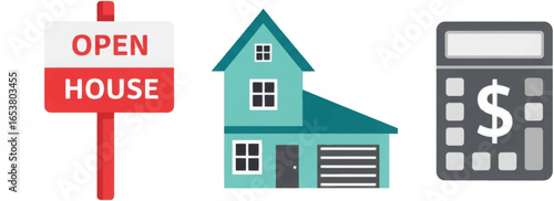 Open house sign next to a house and calculator representing real estate investment planning concept