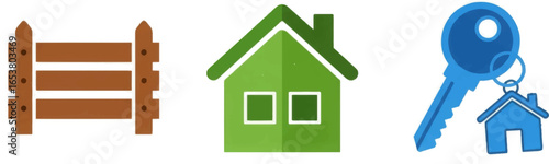 Illustration of a wooden fence a green house and a key with a house shaped keychain on a white background