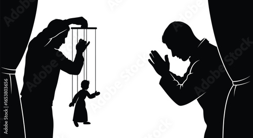Puppeteer controlling life with praying silhouette in a black and white scene