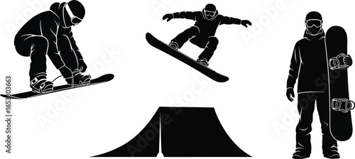 Snowboarder silhouettes enjoying winter sports with dynamic action and fun