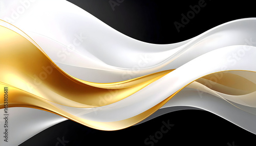 Abstract Gold And White Wavy Design Against Black Background With Smooth Curves