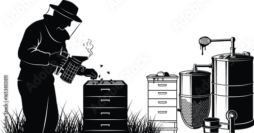 Beekeeper tending to beehives, illustrating honey extraction process in black and white