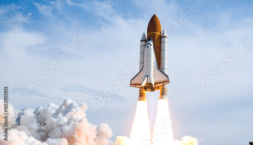 Space Shuttle Ascending Into Blue Sky With White Clouds And Intense Orange Flames