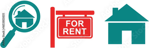 House search with magnifying glass and for rent sign indicating property availability for lease or rental use