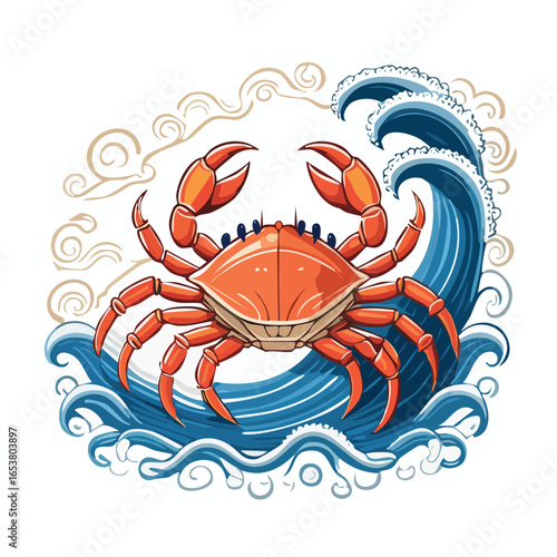 Vibrant illustration of an orange crab with large claws, amidst stylized blue ocean waves.
