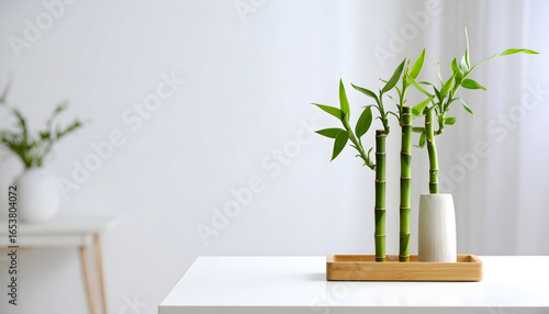 Close Up Bamboo Plant Displayed On White Table Against White Wall With Wooden Tray And Blurred Background