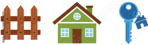 Illustration showing a wooden fence a green house and a blue key with a house shaped keychain